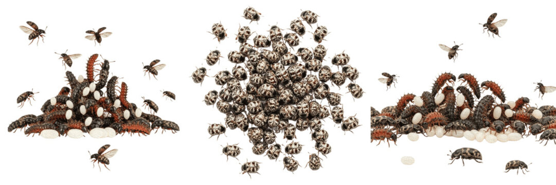 Swarm of carpet beetles, Anthrenus scrophulariae, Dermestidae family, common carpet beetle keratin consumer aggregate, pattern scales shell, structural fabric store pest tracking index layout