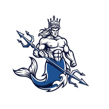 Mascot Triton King Holding Trident, Muscular Merman with Crown and Fish Tail