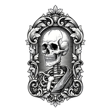 Ornate Skull Portrait with Baroque Frame - Macabre Art