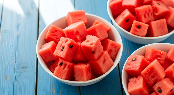 White ceramic bowls filled to the brim with fresh red diced watermelon cubes served on a rustic blue wooden table