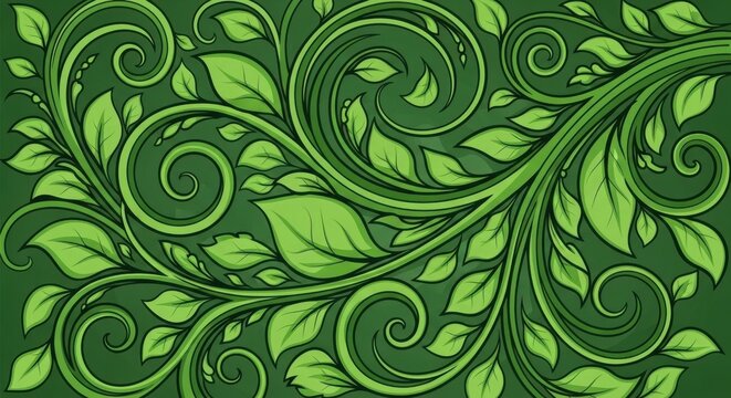 Green floral swirl pattern with decorative leaves