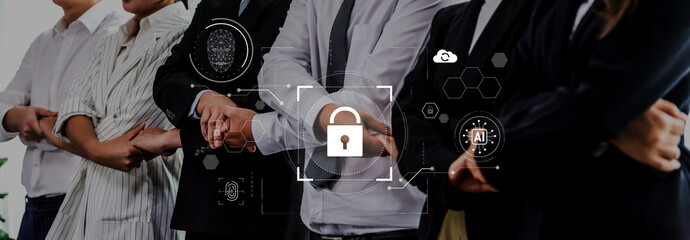 A group of business professionals stands confidently with crossed arms, symbolizing teamwork and security amidst dynamic digital icons representing data protection and innovation. Trope © InfiniteFlow