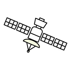 宇宙空間で電波やデータを送受信する人工衛星のイラスト｜ソーラーパネルを広げて地球の軌道上を飛行するシンプルでポップなデザインのベクター素材 © hananoyama