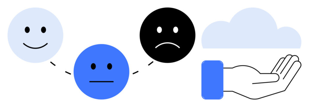 Mental health, emotional support, well-being, human connection, therapy, moods. Three faces show emotions from happy to sad, connected by a hand holding a cloud. Mental health and emotional support
