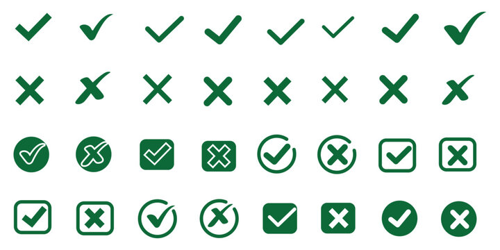 Check mark icon set. Check box icon with right and wrong buttons and yes or no checkmark icons in green tick box and red cross. vector illustration. Best Design. EPS 10.