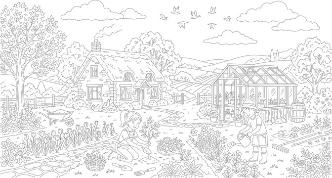 Stylized depiction of a village or settlement with numerous trees and buildings, black and white