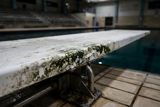 Close-up of swimming pool diving board edge with dried green algae and water scale paste