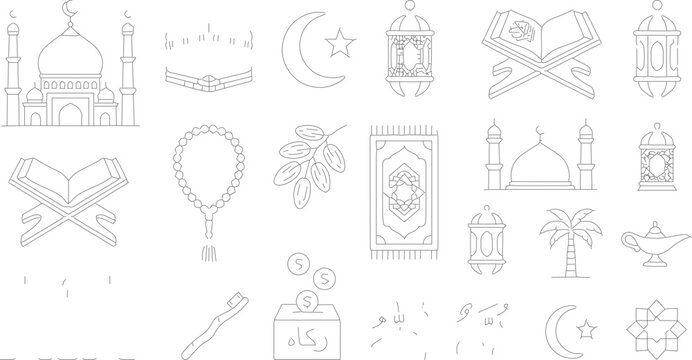 Collection of religious symbols and architectural elements with islamic art, pattern design