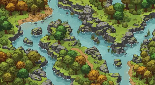 Isometric fantasy game map with winding river and lush forest, top-down RPG landscape background, digital vector illustration of nature environment