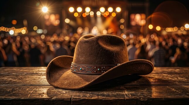 A brown cowboy hat sits on a wooden surface at a live country music festival.