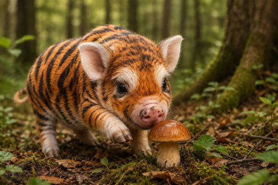 Cute fantasy piger hybrid piglet with tiger stripes discovering wild porcini mushroom on mossy ground in magical forest