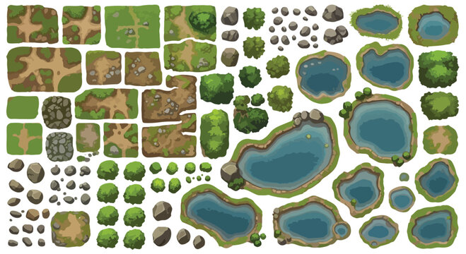 Top-down game map assets, cartoon nature landscape elements with ponds, trees, rocks and dirt paths, 2D environment vector kit for level design