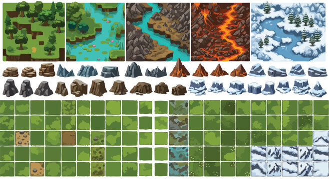 Pixel art game tileset collection, retro 2D world map environment assets, isometric nature biomes with forest, desert, lava, and snow terrain