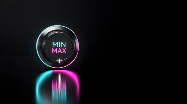 Glowing neon minimal control knob displaying min and max on dark reflective surface