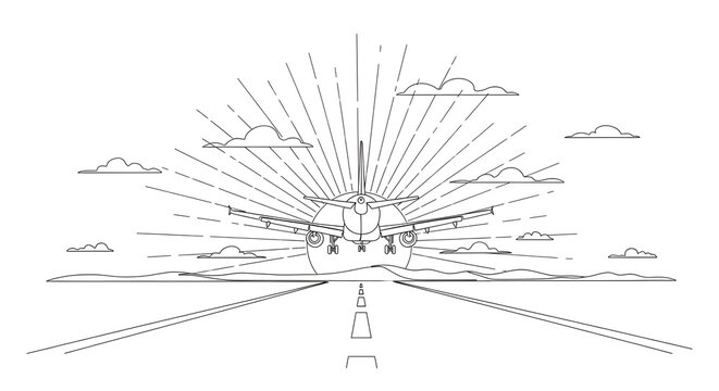 A black and white line art coloring page featuring a commercial passenger airplane landing on or taking off from an airport runway. 