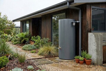 Obraz premium Sustainable water tank beside modern wood clad home with raised vegetable gardens