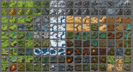 Fototapeta premium Isometric game map tiles set, 120 fantasy terrain icons in EPS format, pixel art style world building elements for strategy games and RPG apps
