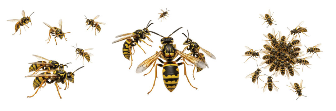 Swarm of mud dauber wasps, Sceliphron caementarium, Sphecidae family, thread-waisted wasp mud cell nest architecture group, spider hunting predatory tracking flight lines profile index