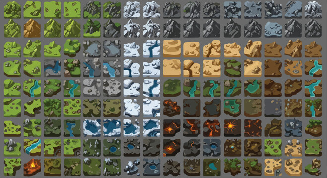 Isometric game map tiles set, pixel art landscape terrain icons for world building, fantasy strategy map creator vector elements