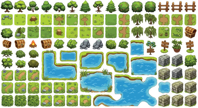 Isometric game environment assets, cartoon nature landscape tiles with trees and water, 2D top-down map creator kit for mobile gaming