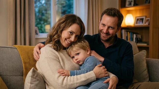 Portrait of a happy family smiling and hugging tightly together at home