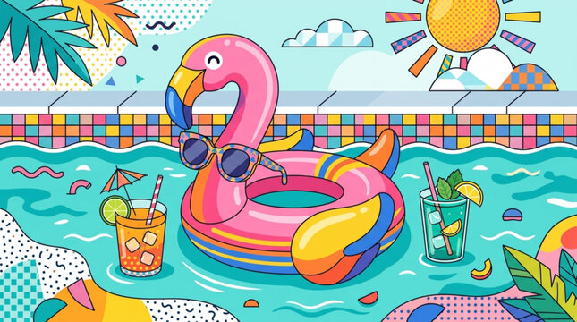Playful pink flamingo pool float with sunglasses relaxing in a vibrant summer pool surrounded by refreshing cocktails tropical leaves and sunshine