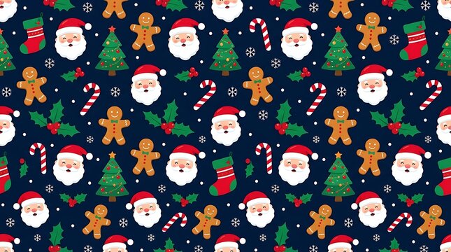 Seamless christmas pattern with santa and festive holiday elements