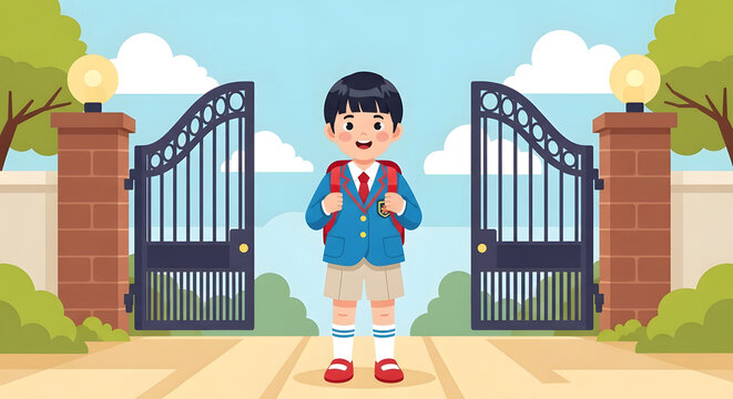 A cheerful cartoon illustration of a young schoolboy wearing a blue uniform blazer and a red backpack, standing in front of an open school gate. 
