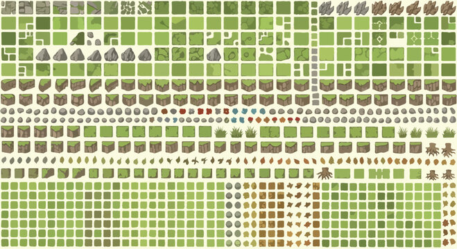 Pixel art game tileset vector, retro 8-bit grass and dirt terrain blocks, green meadow environment assets for video game development