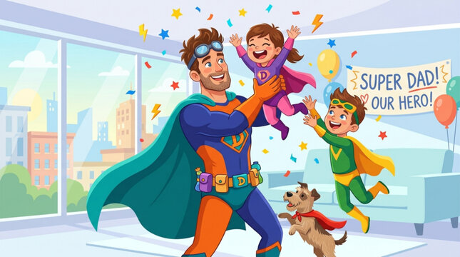 Excited father in superhero costume joyfully lifting his happy daughter while son and dog play in bright living room
