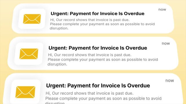 Urgent Payment Overdue Notifications Animated on a Digital Screen. Perfect for illustrating financial alerts, debt reminders, business communication, fintech concepts, and digital payment issues.