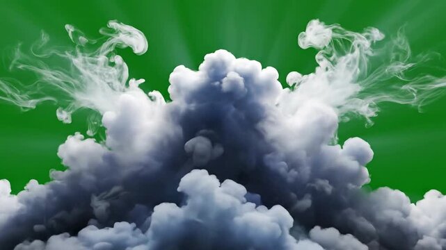3 d volumetric smoke clouds rising with light rays on green screen background, chroma key