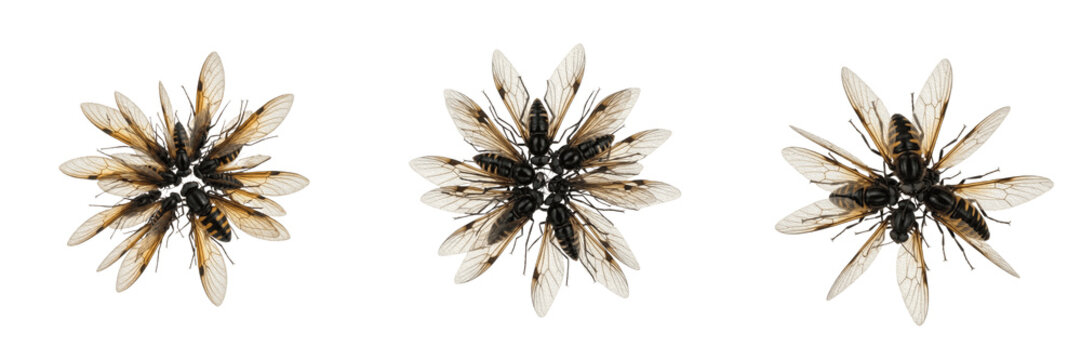 Swarm of insects frozen mid-flight, Apis mellifera, honeybee high-speed wing capture trajectory lines, axillary sclerites thoracic joint alignment structure, flight physics reference card