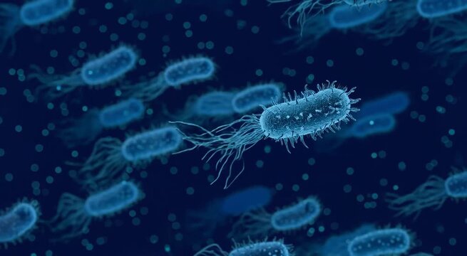 Microscopic view of dangerous rod shaped bacteria cells floating in dark blue fluid environment conceptualizing infectious disease outbreak and medical research in laboratory setting