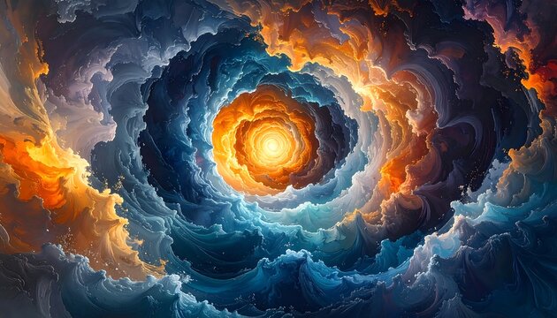 Swirling vortex of colorful clouds drawing toward a central, shining point