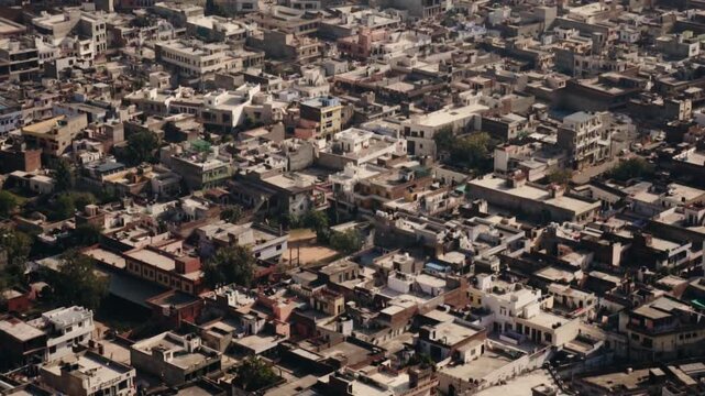 Expansive aerial perspective showing the rooftops and buildings of a crowded residential district in an Indian city, symbolizing overpopulation, urban development, and daily life in Asia