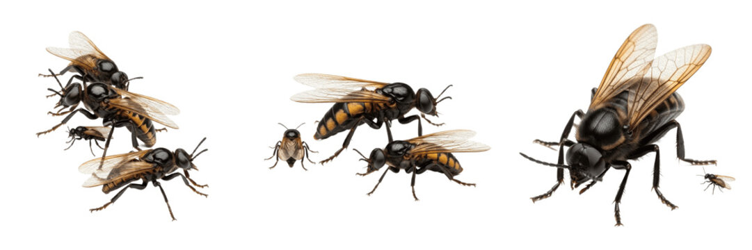 Swarm of insects top view, Musca domestica, housefly dorsal perspective axial symmetry pattern, thoracic scutellum lines, abdominal tergites segments arrangement layout index reference guide