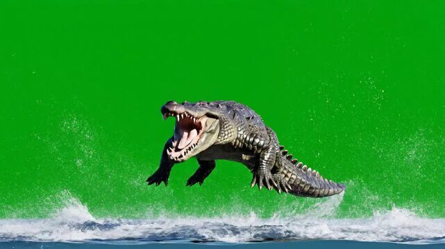 Large crocodile jumping out of water with green screen background, for easy compositing, alligator predator