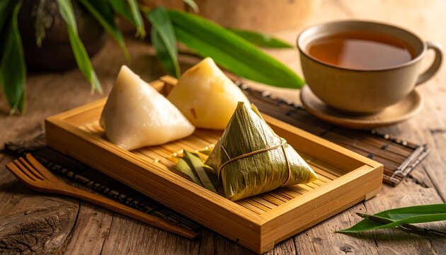 Three dumplings sit on a bamboo tray next to a cup of tea, all on rustic wood