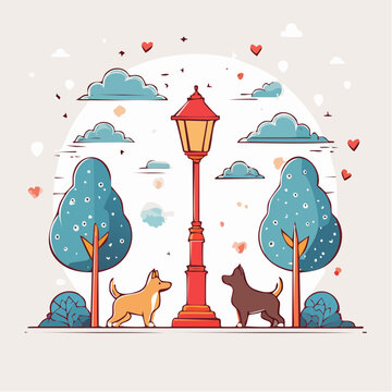 Two dogs in a park with a lamppost and trees