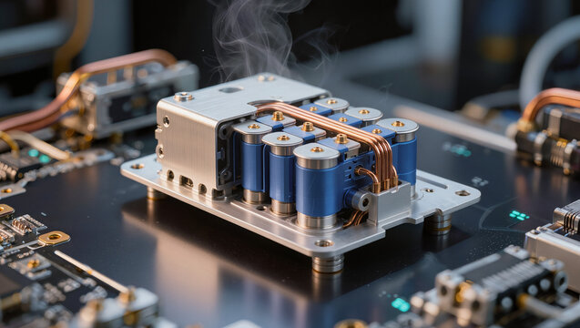 Premium industrial power electronics module with blue capacitor bank copper bus bars and PCB circuit board, semiconductor manufacturing, editorial B2B industry photography with copy space
