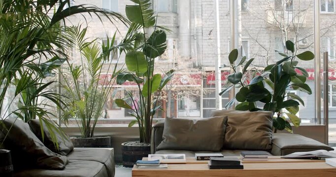 Modern office lobby interior with comfortable furniture and large windows allowing natural light. This design promotes productivity and relaxation for employees. business and corporate uses.