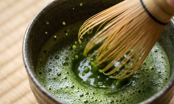 Extreme close-up of a bamboo chasen whisk mid-motion inside a chawan, vibrant matcha foam forming delicate bubbles, fine bamboo tines blurred from movement, droplets suspended in air.
