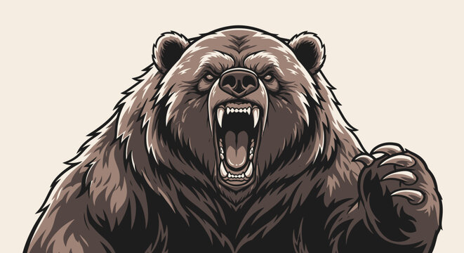 Furious Grizzly Bear Roaring Aggressively, Wild Animal Close-Up Portrait