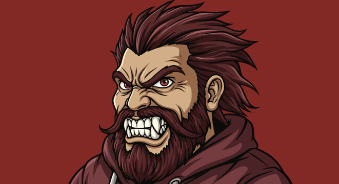 Fierce Bearded Man with Fangs - Angry Expression, Comic Style Portrait