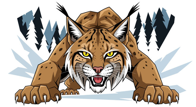 Fierce Lynx Predator in Snowy Forest, Aggressive Big Cat Illustration
