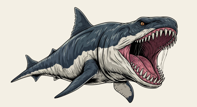Fierce Megalodon Shark with Open Mouth and Sharp Teeth, Prehistoric Predator