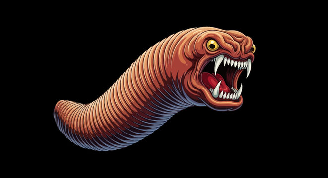 Fierce Pixel Art Earthworm Monster with Sharp Teeth and Glowing Eyes on Black Background