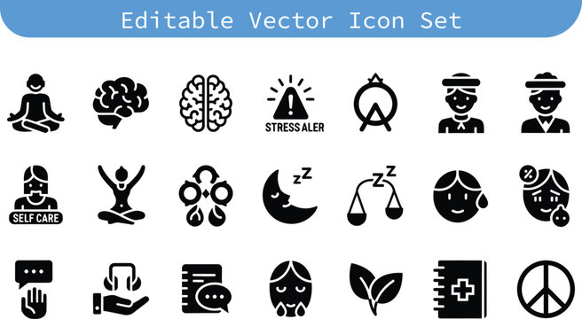 Vector icons depicting mental health wellbeing care concepts with medical cross, meditation