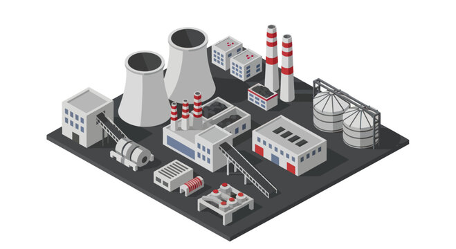 Isometric Industrial Complex with Nuclear Power Plant and Factories.